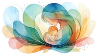 Mother holding newborn baby in protective embrace surrounded by flowing watercolor petals in soft pastel colors representing love and nurturing bond.
