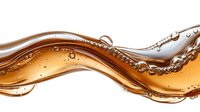 Golden liquid wave with bubbles and droplets flowing in dynamic motion against white background for beverage and cosmetic design applications.