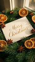 Merry Christmas greeting card with gold calligraphy on fir branches, dried orange slices, and star anise, warm holiday flat lay.