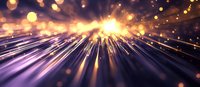 Bright golden light rays bursting through purple space with glowing bokeh particles and streaks creating dynamic motion effect for backgrounds and overlays.