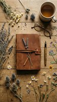 Rustic leather journal with dried wildflowers, chamomile, lavender and herbal tea on wooden table. Cozy autumn flat lay for writing and relaxation.