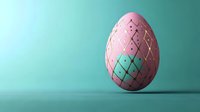 Decorative Easter egg with geometric diamond pattern in pink and gold colors on turquoise background for spring holiday celebrations.