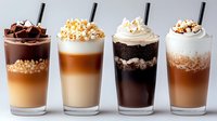 Four layered iced coffee drinks in tall glasses with whipped cream toppings, decorated with chocolate shavings, caramel drizzle, popcorn, and nuts. Perfect for cafe menu.