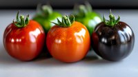 Fresh ripe tomatoes in red, orange and purple colors arranged in row on light background, macro shot showing natural texture and stems.