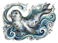 Otter swimming through flowing water waves with ornamental swirls, isolated on white background for design and print applications.