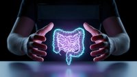 Hands protecting glowing digestive system hologram with intestines and colon for medical healthcare and gastroenterology concept on dark background.