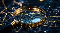 Magnifying glass on glowing network map with golden light effects and bokeh background, highlighting global connections and data analysis concept in dark blue tones.