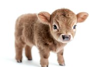 Adorable brown baby calf with big eyes and fluffy fur standing on white background, isolated studio portrait for farm animal and agriculture design projects.