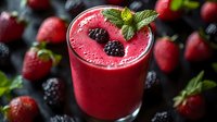 Fresh berry smoothie with strawberries and blackberries garnished with mint leaves in glass, surrounded by colorful mixed berries on dark background.