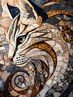 Abstract mosaic art of a cat face with golden, blue, and neutral tones, featuring intricate patterns and swirling designs for wall decor.