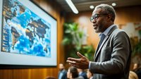 Senior African American businessman gesturing while presenting in modern office meeting room with digital world map display on screen, professional corporate setting.