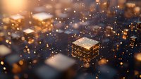 Glowing microchip on dark circuit board with bokeh light effects and digital connections, representing artificial intelligence and quantum computing technology.
