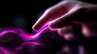 Glowing pink particle wave responds to human hand gesture against dark background, creating dynamic interactive visualization effect for technology concepts.