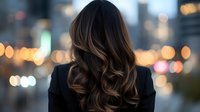 Professional woman with long wavy brown hair viewed from behind against blurred city lights bokeh background at dusk for business and lifestyle concepts.