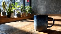 Steaming ceramic mug with blue gradient glaze on wooden table by window with houseplants, morning sunlight casting warm shadows.