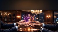 Businesspeople in formal suits holding glowing neon crown together at luxury table, symbolizing leadership, success, and corporate achievement in elegant interior setting.