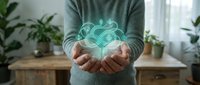 Person in green sweater holding glowing digital cloud computing network hologram with connected icons in modern home office with plants.