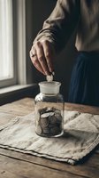 Woman dropping coin into glass jar full of coins on rustic wooden table, symbolizing savings, budgeting, and financial planning.