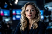 Young Caucasian female news anchor or media professional with blonde wavy hair and confident expression in dark broadcasting studio with monitors in background.