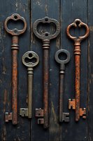 Vintage rusty skeleton keys arranged on dark weathered wooden background, showing ornate designs and varied sizes. Antique collection displays authentic patina and wear.