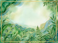 Ornamental botanical frame with swirling green foliage, gold accents, and decorative leaf borders surrounding a light cream center space, suitable for invitations and design layouts.