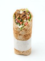 Grilled meat wrap with fresh vegetables, lettuce, and tomato in whole wheat tortilla on white background, ready for food service and restaurant menu design.