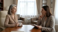 Senior Caucasian businesswoman and middle-aged professional woman having consultation meeting in modern office interior with coffee cups on wooden table.