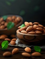 Fresh almonds in wooden bowl with mint leaves on dark rustic background, moody food photography with natural lighting and selective focus.