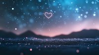 Dreamy cosmic landscape with glowing heart shape floating above mountain silhouettes against blue and pink twilight sky with bokeh light effects.