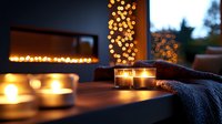Cozy evening atmosphere with glowing candles and warm knitted blanket on wooden surface against blurred bokeh lights background, creating romantic ambiance.