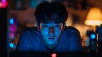 Young Asian male illuminated by blue computer screen light in dark room with bokeh lights and lamp creating moody nighttime atmosphere for technology concept.