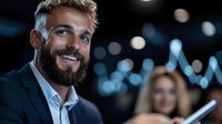 Confident bearded businessman smiling at camera during corporate event with blurred colleagues in background. Professional networking and business success concept.