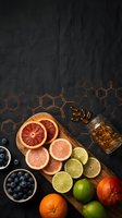Fresh citrus fruits and blueberries with vitamin supplements on dark textured background for healthy nutrition and wellness lifestyle concepts.