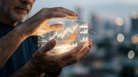 Hands holding glowing holographic stock market chart with upward trending graph and city skyline bokeh background, representing financial growth and digital investment analysis.