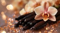 Vanilla pods and fresh orchid flower on glittering copper background with bokeh lights. Aromatic spices and exotic bloom create luxurious culinary composition.