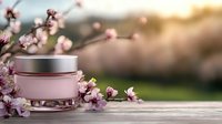 Pink cosmetic cream jar with spring cherry blossom flowers on wooden surface at sunset. Natural skincare and beauty product photography with soft bokeh background.