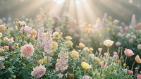 Sunlit garden with blooming roses and mixed flowers in soft morning light creating dreamy romantic atmosphere for wedding or spring celebration backgrounds.