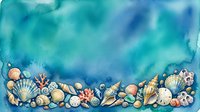 Watercolor ocean background with seashells, coral, and sand dollars along the bottom border, featuring teal and blue tones for summer designs.