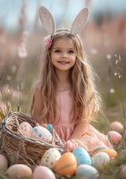 Young girl in pink dress wearing bunny ears poses with Easter basket filled with decorated eggs in outdoor spring setting with soft bokeh background.