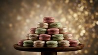 Colorful French macarons arranged in pyramid on wooden plate against golden bokeh background for luxury dessert presentation and celebration events.