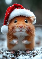 Adorable ginger hamster wearing red Santa hat in snowy winter scene, close-up portrait showing cute whiskers and bright eyes against blurred background.