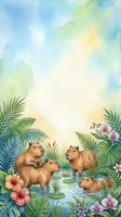Watercolor capybara family in tropical paradise with lush foliage, hibiscus flowers and serene pond for nature and wildlife themed designs.