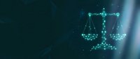 Digital justice scales made of glowing blue dots and lines on dark background representing legal technology, law firm services, and judicial system concepts.