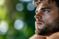 Handsome young mixed-race man with curly hair and beard looking away thoughtfully outdoors with natural bokeh background for lifestyle and wellness concepts.