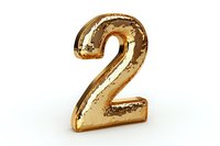 Golden metallic number two with reflective surface and textured details isolated on white background for design projects and celebrations.