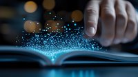 Hand touching open book with glowing digital particles and light effects emerging from pages, representing knowledge, education, and digital learning transformation.
