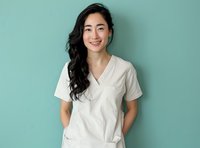 Young Asian female healthcare worker in white medical scrubs smiling confidently against turquoise background, long dark hair styled naturally, representing wellness and care.