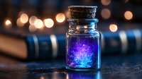 Magical glowing bottle with purple and blue sparkles against blurred bokeh lights background, mystical potion in glass jar with cork stopper.