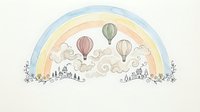 Pastel rainbow with hot air balloons floating above whimsical town silhouettes and decorative flourishes on neutral background for nursery decor.