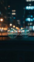 Eyeglasses with digital code reflection on lenses against blurred city lights at night representing technology vision and cybersecurity concepts.